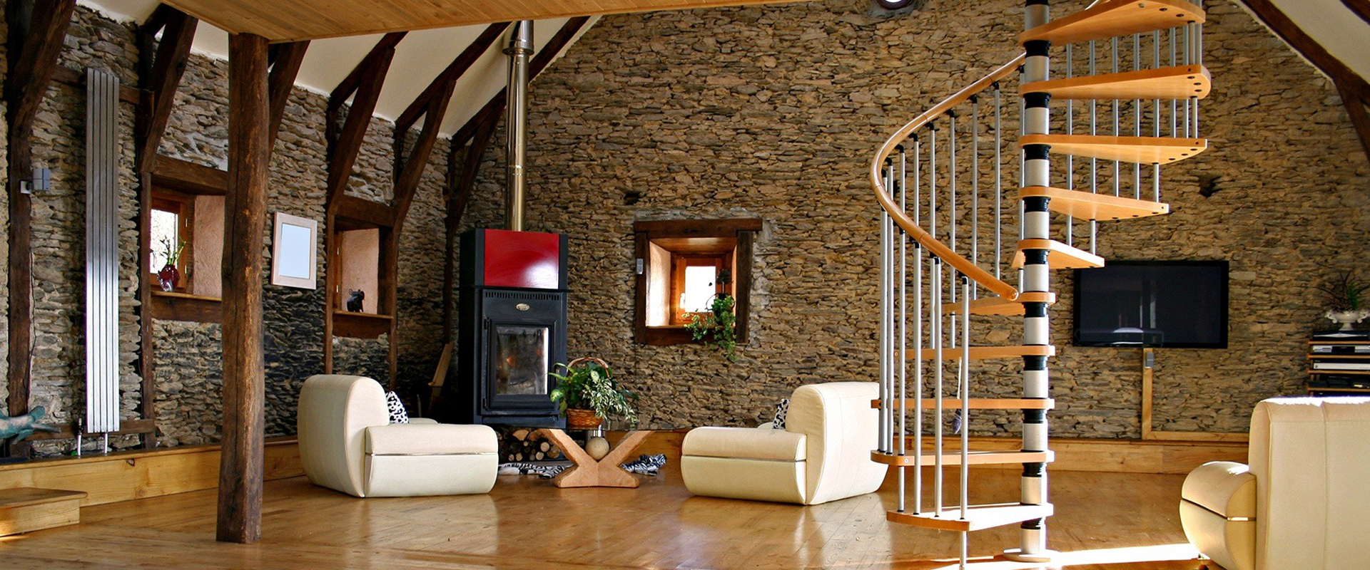 Modern living room with furniture and spiral staircase