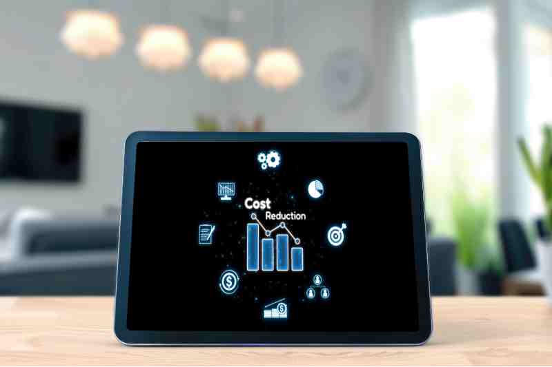 Cost reduction graph with icons, representing smart technology for an eco-efficient home.