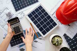 Person calculates solar panel costs with a calculator, showing a significant drop in monthly electricity bills.