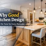 Modern kitchen design showing the transition from layout planning to a finished remodel with a large island and clean cabinetry