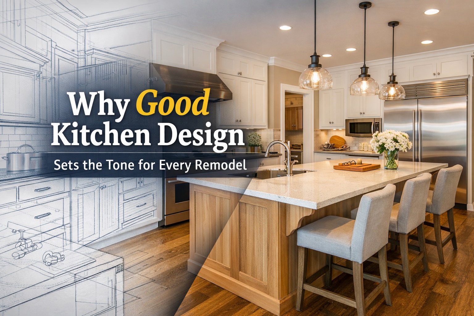 Modern kitchen design showing the transition from layout planning to a finished remodel with a large island and clean cabinetry